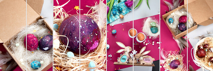 Collage made of Easter Painted Easter eggs, decorative wooden bunnies and tulips.