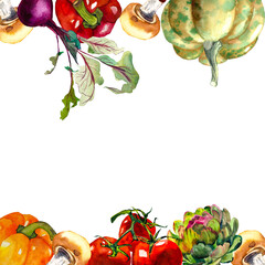 Collection of vegetables, isolated elements on white background; banner, textiles, home decor art..Watercolor set of illustrations - vegetables, pumpkin, tomatoes, beet, pepper. Seasonal vegetables.