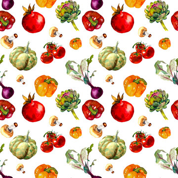 Watercolor vegetables seamless pattern. Seasonal vegetables print. Watercolor vegetables, peper, artichoke, tomatoes, mushroom, isolated on white backgroundon. For printing on clothes and textile