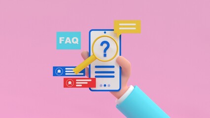 Faq and online customer support. Cartoon human hand holding smartphone with question icon, magnifying glass, and answers. 3d render illustration.