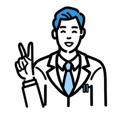 笑顔でピースサインをしている白衣を着た若い男性医師
