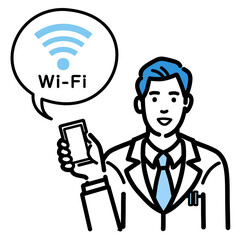 スマートフォンを持ってwifiの説明をしている白衣を着た若い男性医師
