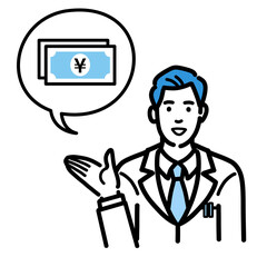 お金の説明をしている白衣を着た若い男性医師
