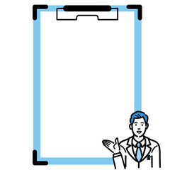 バインダーで説明をしている白衣を着た若い男性医師
