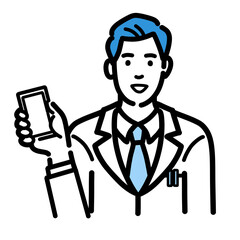 スマートフォンを持っている白衣を着た若い男性医師
