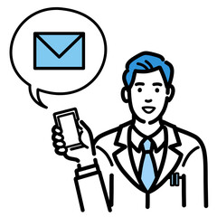 スマートフォンを持ってメールの説明をしている白衣を着た若い男性医師

