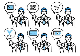 スマートフォンを持って説明をしている白衣を着た若い男性医師のセット
