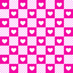 Seamless pattern with pink hearts, abstract checkers pattern for decorating, wrapping paper, wallpaper, fabric, tile, textile, clothing,backdrop and etc.