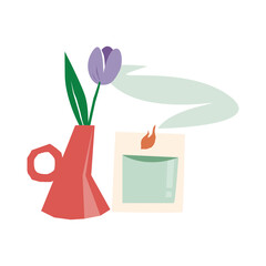 Flower and scented candle vector illustration in flat color design
