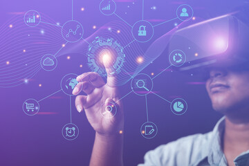 Engineers or business people use VR Metaverse to show the development of online business networking, industrial systems, technology, AI technology concepts.
