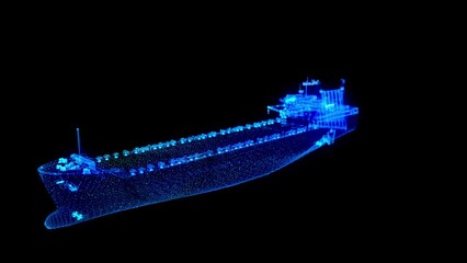 Aerial top view Cargo ship logistics import export raw material, shipping or transportation concept background. Blue particles and lines form wire-frame 3d model Cargo ship.