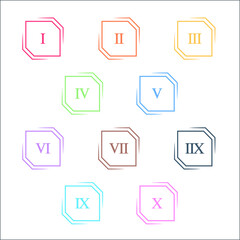 Colorful info-graphic roman numbers can be use to create presentation. Bullet points roman numbers one to ten. Oval shape vector numbers.