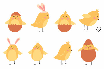 Vector set of cute chickens. Children's drawings of chickens. Chicken with rabbit ears. Easter chick.