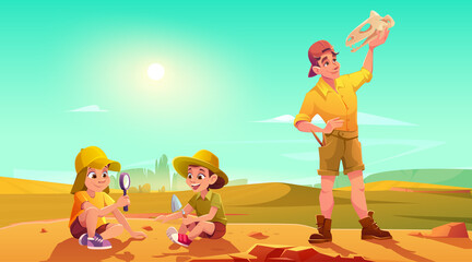 Obraz na płótnie Canvas Kids explore archaeology and dino fossils, children play in archaeologists on excavations, digging soil, exploring artifacts with glass. Adult man holding dinosaur skull, cartoon vector illustration