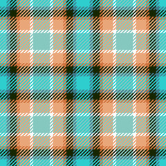 Tartan plaid seamless pattern. Traditional retro Scottish checkered backdrop in turquoise, teal, orange, black and white colors. For texile design