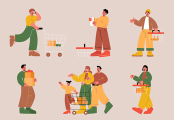 People in supermarket or grocery, visitors with carts and paper bags shopping, buying food and products in shop. Men, women and kids customers characters purchasing in store, Line art flat vector set