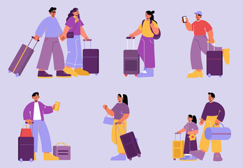 People with luggage, tourists travel with bags. Set of male and female characters traveling. Family couple, parent with kid, happy men and women walk with baggage, Line art flat vector illustration