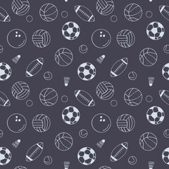 balls seamless pattern. hand drawn doodle. vector, scandinavian, nordic, minimalism, monochrome. sports equipment, game, football, basketball, volleyball, baseball, bowling, tennis, rugby.