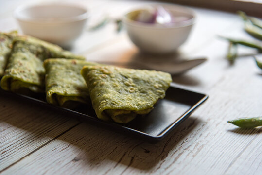 Close up of green peas kachori or Indian flat bread with use of selective focus