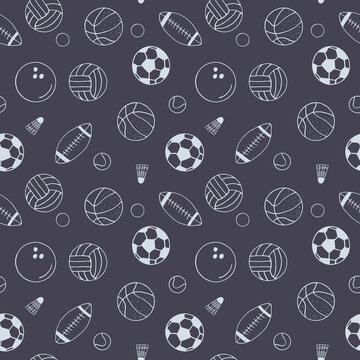 balls seamless pattern. hand drawn doodle. vector, scandinavian, nordic, minimalism, monochrome. sports equipment, game, football, basketball, volleyball, baseball, bowling, tennis, rugby.