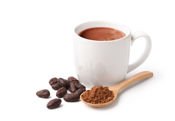 Hot Cacoa drink with cocoa beans and powder isolated on white background.