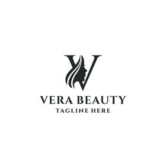 letter V and beauty woman logo concept vector stock illustration