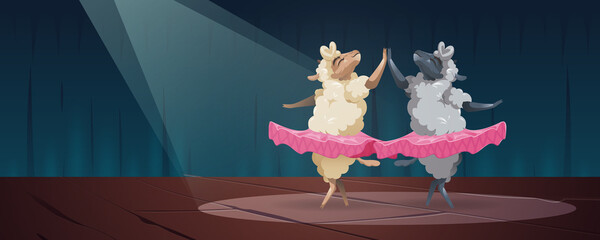 Cute sheep dance ballet on scene. Farm animals cartoon ballerina dancers wear pink tutu perform spectacle on stage with spotlights. Little fluffy lambs funny characters fun, Vector illustration © klyaksun
