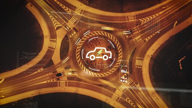 Electric car AI control system in a roundabout - 3D render - Top down Hyperlapse