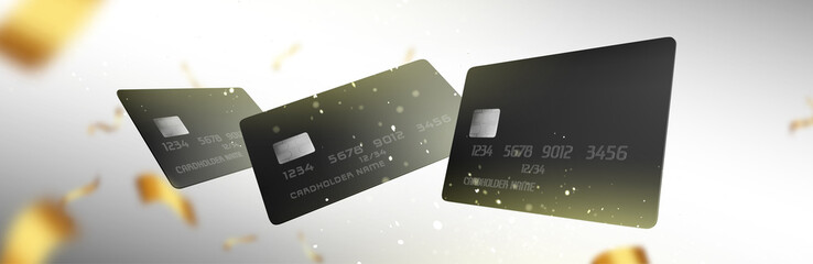 Black plastic credit cards falling with gold ribbons. Vector realistic background with 3d blank bank debit, shopping or discount cards with chips and shiny confetti