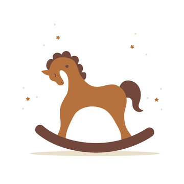 Boho baby wooden rocking horse. Hand drawn scandinavian element for newborn isolated on white background. Vector illustration in flat cartoon style.