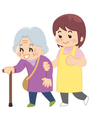 高齢女性に歩行介助を行う介護士　ヘルパー