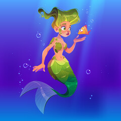 Beautiful mermaid with little fish underwater in sea. Vector cartoon illustration of cute girl fish character with green hair and tail with scale in ocean water with bubbles