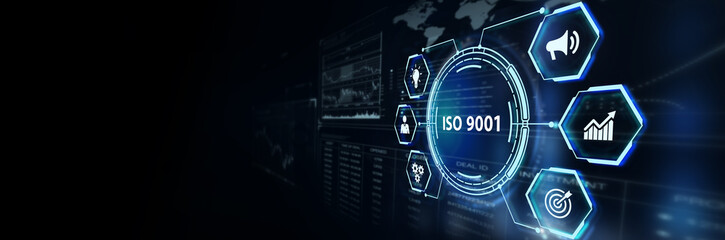 The concept of business, technology, the Internet and the network.  virtual screen of the future and sees the inscription: ISO 9001. 3d illustration