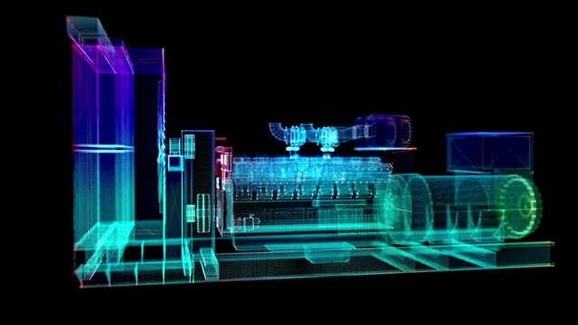Engine of CHP unit. Diesel and gas industrial electric generator. Blue particles and lines form wire-frame 3d model Engine power plant.