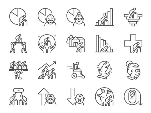 Aging society line icon set. Included the icons as a senior citizen, old people, population, Birth rate, and more.