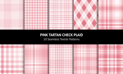 Plaid pattern set in coral pink and white for spring summer prints. Seamless light pastel gingham, tweed, houndstooth vector for flannel shirt, dress, jacket, coat, skirt, trousers, other textile.