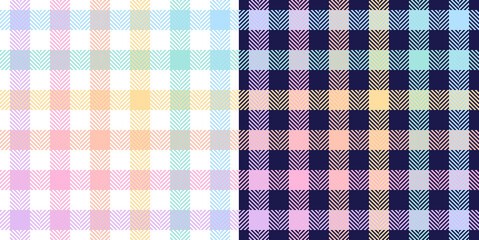 Gingham check plaid pattern in pastel colorful rainbow colors. Seamless herringbone vichy tartan set in purple, blue, green, orange, yellow, pink, navy blue, white for modern fashion textile print.