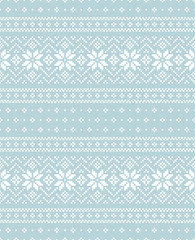 Christmas pattern in blue and white with fair isle ornament. Seamless pixel nordic vector with snowflakes for New Year gift paper, jumper, socks, mittens, other winter holiday textile or paper print. - 482529743