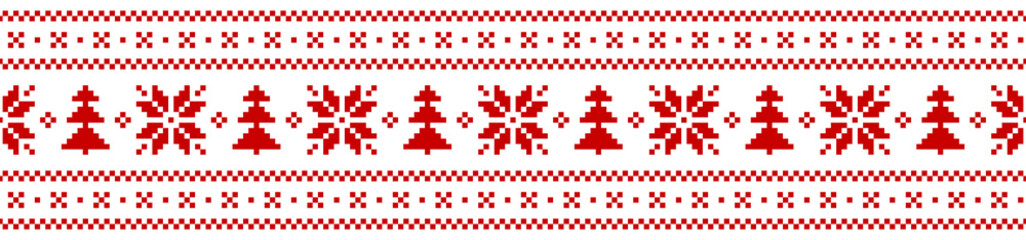 Christmas fair isle pattern for washi tape in red and white. Horizontally seamless pixel ribbon border illustration with Christmas trees and snowflakes for modern winter holiday gift paper print. - 482529744