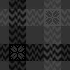 Christmas check plaid pattern with fair isle snowflake ornament in dark grey and black. Seamless herringbone buffalo check for scarf, flannel shirt, blanket, duvet cover, other winter textile design.