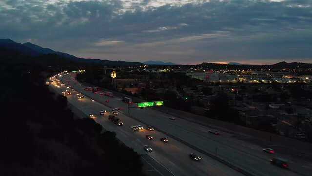 East LA Traffic - 210 Freeway Sunrise, dawn - Static Drone Clip