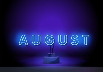 August. Neon glowing lettering on a dark wall background. Typography for banners, badges, postcard. Neon symbol for august Month