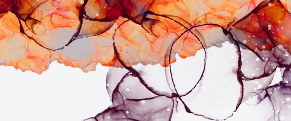 Soft abstract alcohol ink background, orange modern luxury wallpaper design with dark purple accent, original hand drawn art with free white copy space, clean graphic design
