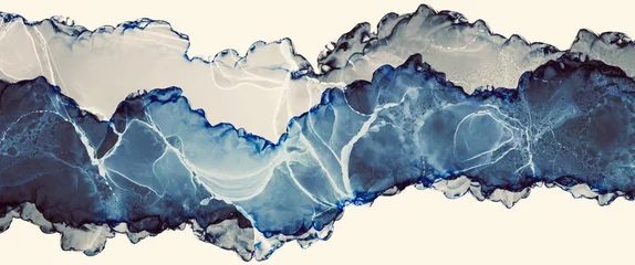 Foto op Plexiglas Monochrome alcohol ink background with blue accent, free white copy space, smoke texture elements, luxury hand painted artwork, strong blue accent, original wallpaper, graphic for brochure  © phillipes