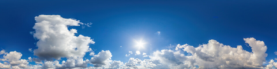 Blue sky panorama with puffy Cumulus clouds. Seamless hdr pano in spherical equirectangular format....
