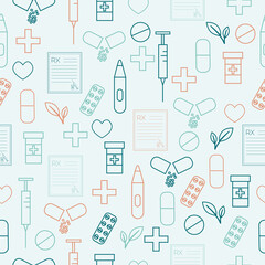 Medical outline seamless pattern with pill, syringe, heart, prescription. Vector illustration on green background