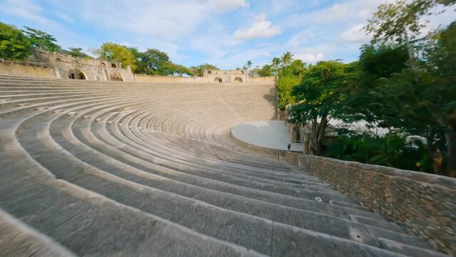 Fpv flight over medieval Amphitheater in Altos de Chavon,La Romana during sunlight