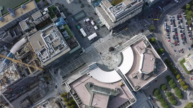 Aerial Top shot of Slovak National Theater and Eurovea mall on sunny summer morning