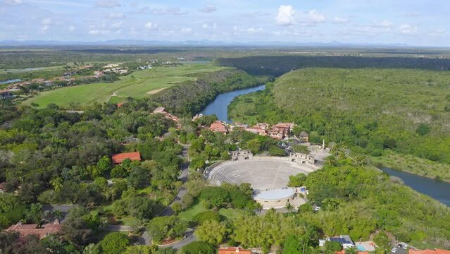 Aerial view of ancient amphitheater and Altos de Chavon Village in rural area of Dominican Republic