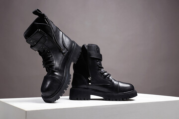 Trendy shoes. fashion still life. classic black boots